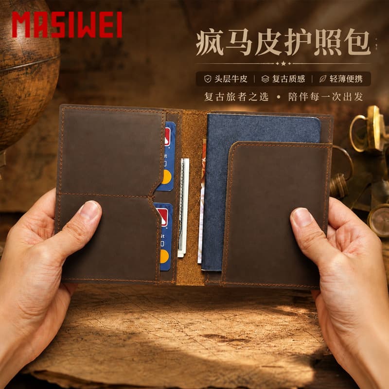 MASIWEI Crazy Horse Leather Bifold Passport Bag High-end Retro Document Passport Holder Thin Passport Protective Case