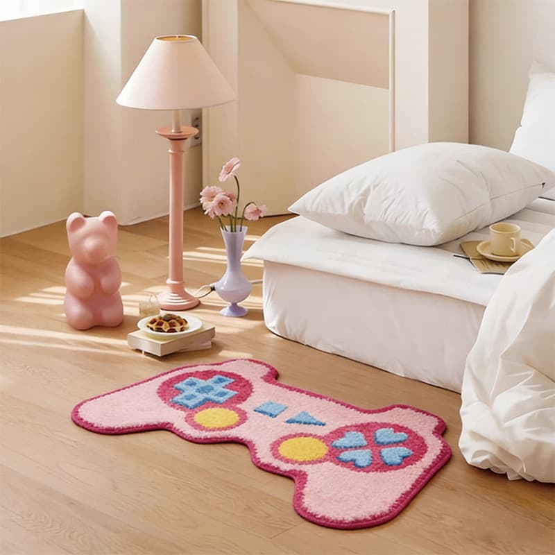 Pink Game Controller Tufted Rug, Irregular Shape Carpet for Living Room Bedroom Girl's Bedside Mat, Non-Slip Floor Mat