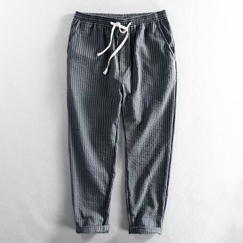 New foreign trade hemp men's pants striped nine-point pants men's loose thin linen casual pants men's elastic long pants