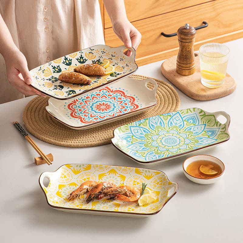 Japanese-style Antique Underglaze Ceramic Plate Home 12-inch Double-handle Rectangular Fish Plate Serving Dish Creative