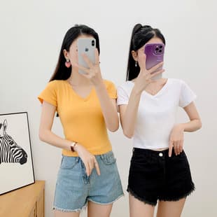 Short Sleeve T-Shirt for Women, Cropped Fitted Top, Korean Style New Short Sleeve Belly Button Revealing Base Layer, V-Neck High Waist Crop Top
