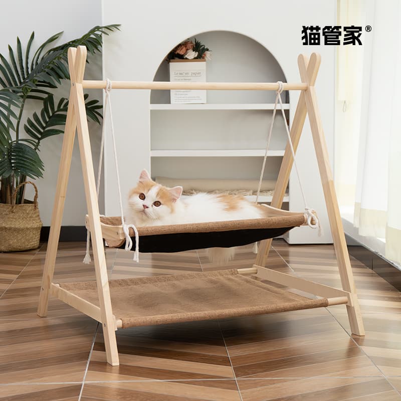 Cat Hammock Swing Cradle Bed, Upper and Lower Double-Layer Solid Wood Cat Bed, Cat Toy Self-Pleasure Relief Swing
