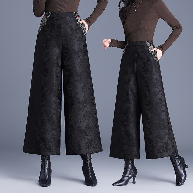 Heavy Embroidery Fashion Jacquard Wide-Leg Pants, New Winter High-Waist Quilted Warm Down Cotton Pants, Elegant Boot-Cut Trousers for Women
