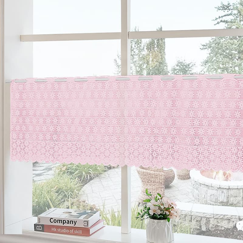 Pink Snowflake Lace Kitchen Curtain Modern Simplicity Coffee Pattern Cabinet Curtain Semi-Transparent No Drilling Required