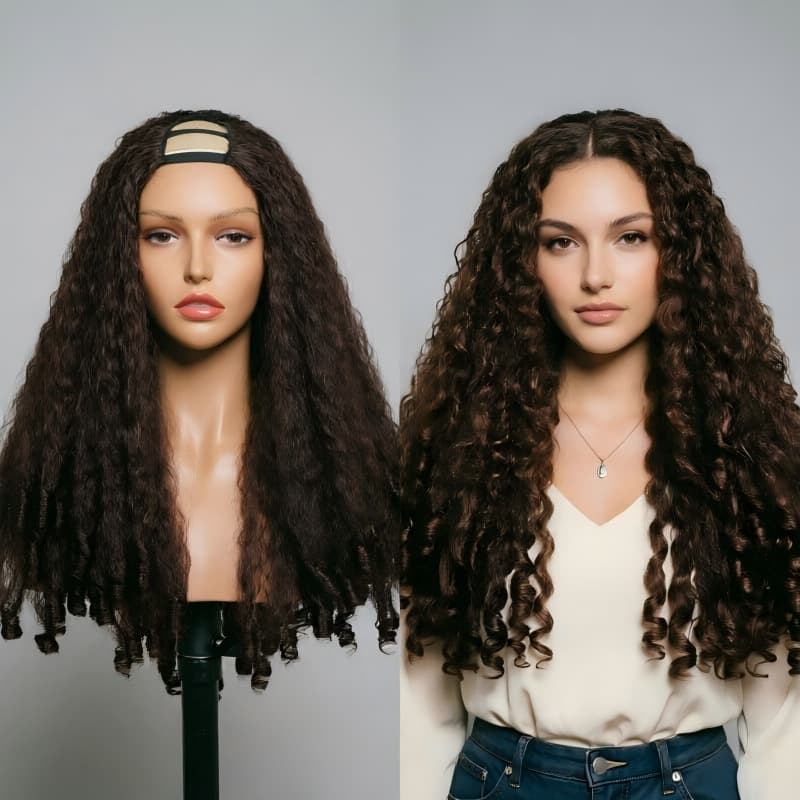 African U-Shape Fluffy Afro Curly Hair with Spiral Curly Ends, Clip-In Half Wig