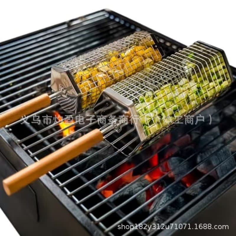 Cross-border wholesale stainless steel barbecue grill, outdoor camping smoker, portable charcoal grill, rotating and rolling barbecue rack