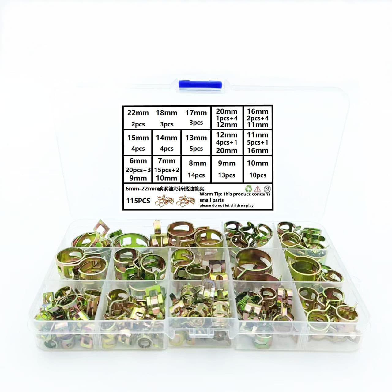 Best-selling Cross-border 115PCS 6mm-22mm Color Zinc Fuel Line Clips CPU Fuel Hose Clamp Assortment Kit