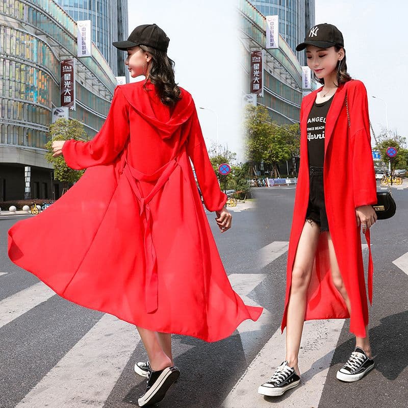 Women's Long-Sleeve Chiffon Summer Coat, New Thin Mid-Length Over-the-Knee Fairy Cardigan Shawl Beach Outerwear