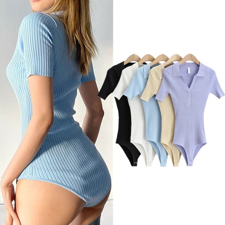 AliExpress Knitted Short-Sleeve T-Shirt for Women 2021 Spring Summer New European American Polo Collar Slim Fit Stretch Jumpsuit