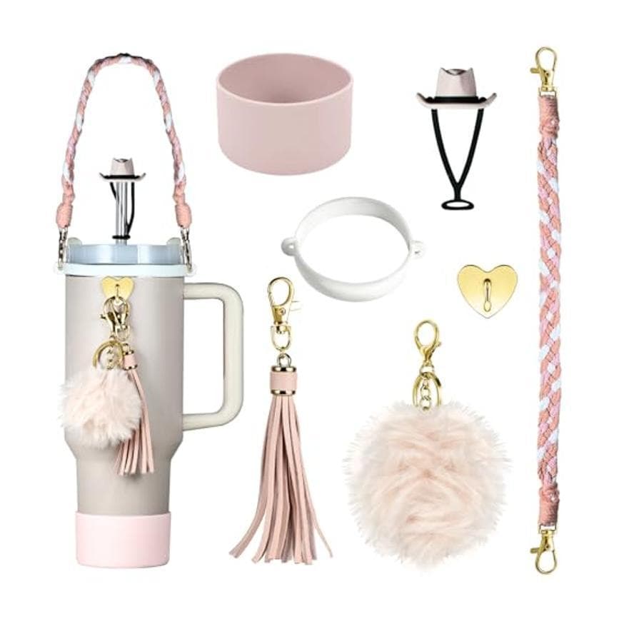 Amazon Stanley Accessories Compatible 40oz Braided Handle Strap Flower Knot Straw Cap Cup Sleeve Pom Pom Charm
