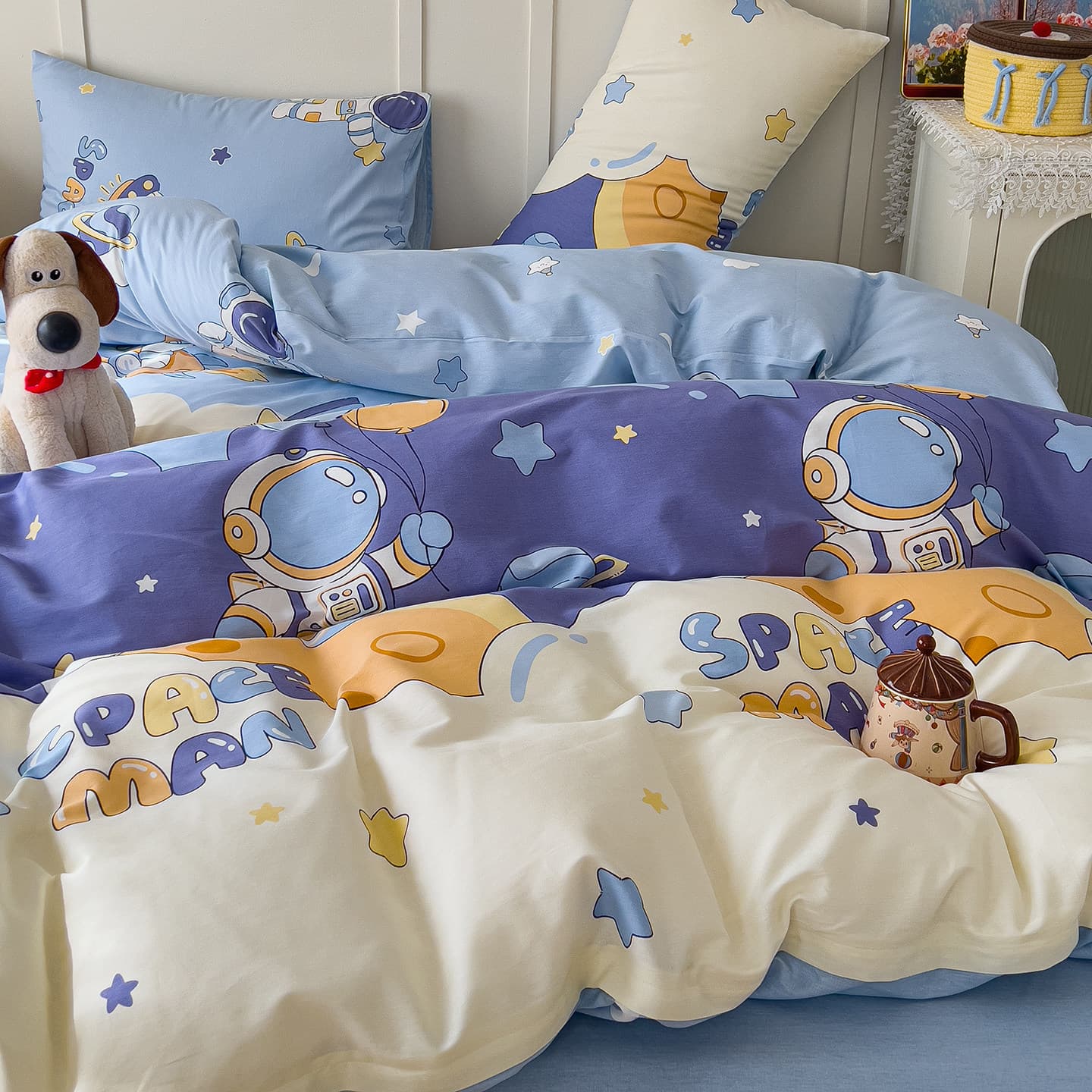 Cartoon Cotton Astronaut Bedding Set 4-Piece 100% Cotton Kids Duvet Cover Sheet Bedding Boys Dorm 3-Piece 4