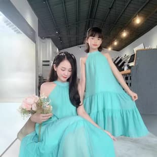 2024 New Summer Mother-Daughter Matching Outfits, French Mint Green Halter Dress, Sanya Beach Vacation