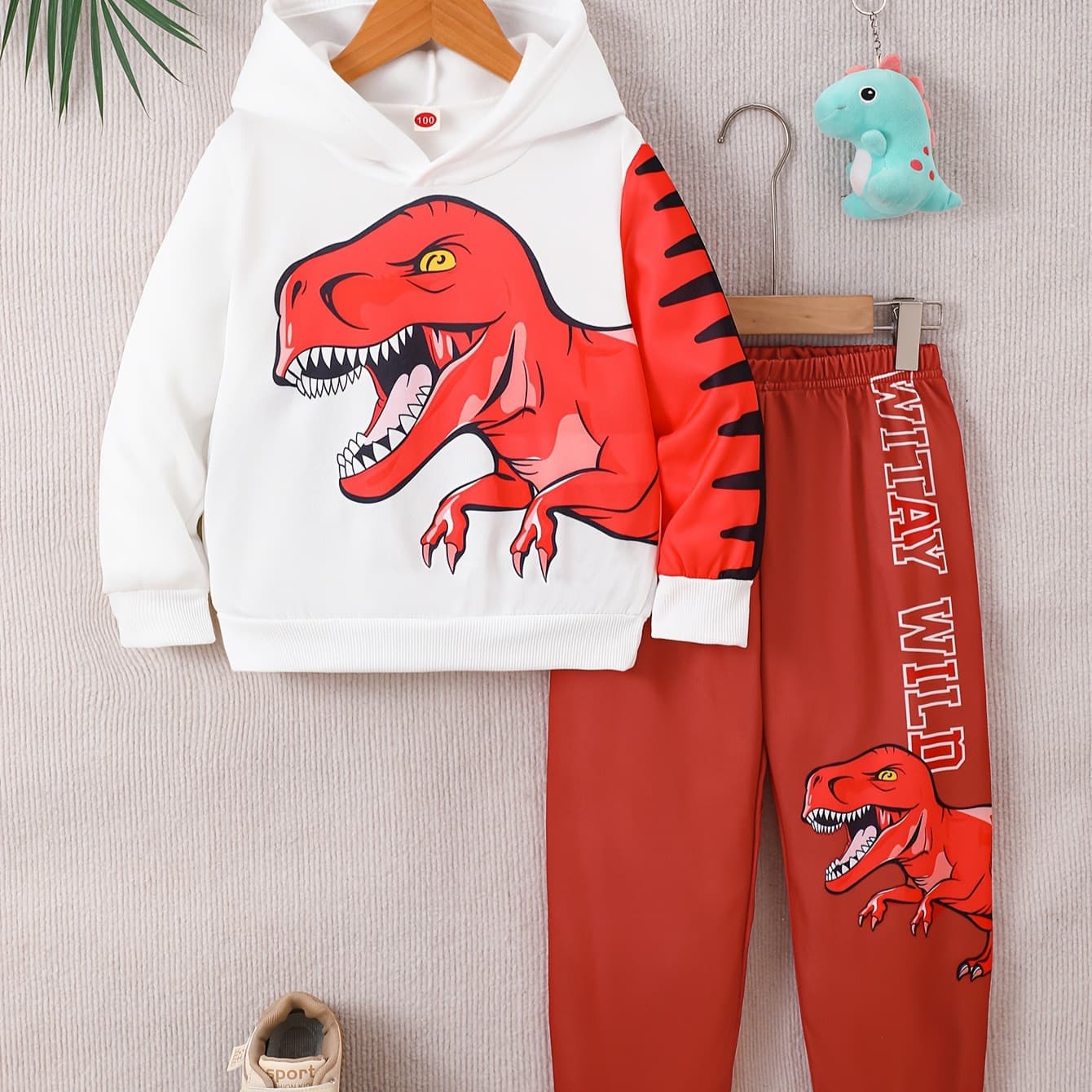 INS cross-border European and American new boys' winter dinosaur-themed hooded suit with red and white contrasting colors + domineering dinosaur print