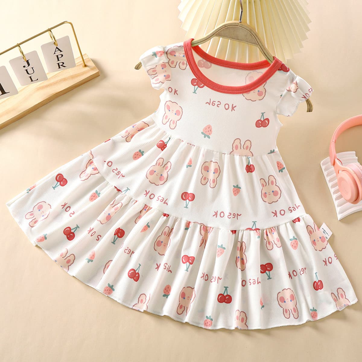 Summer Cartoon Print Ice Silk Dress for Girls Baby Princess Skirt Short Sleeve Floral Pattern Korean Style Polyester Fiber