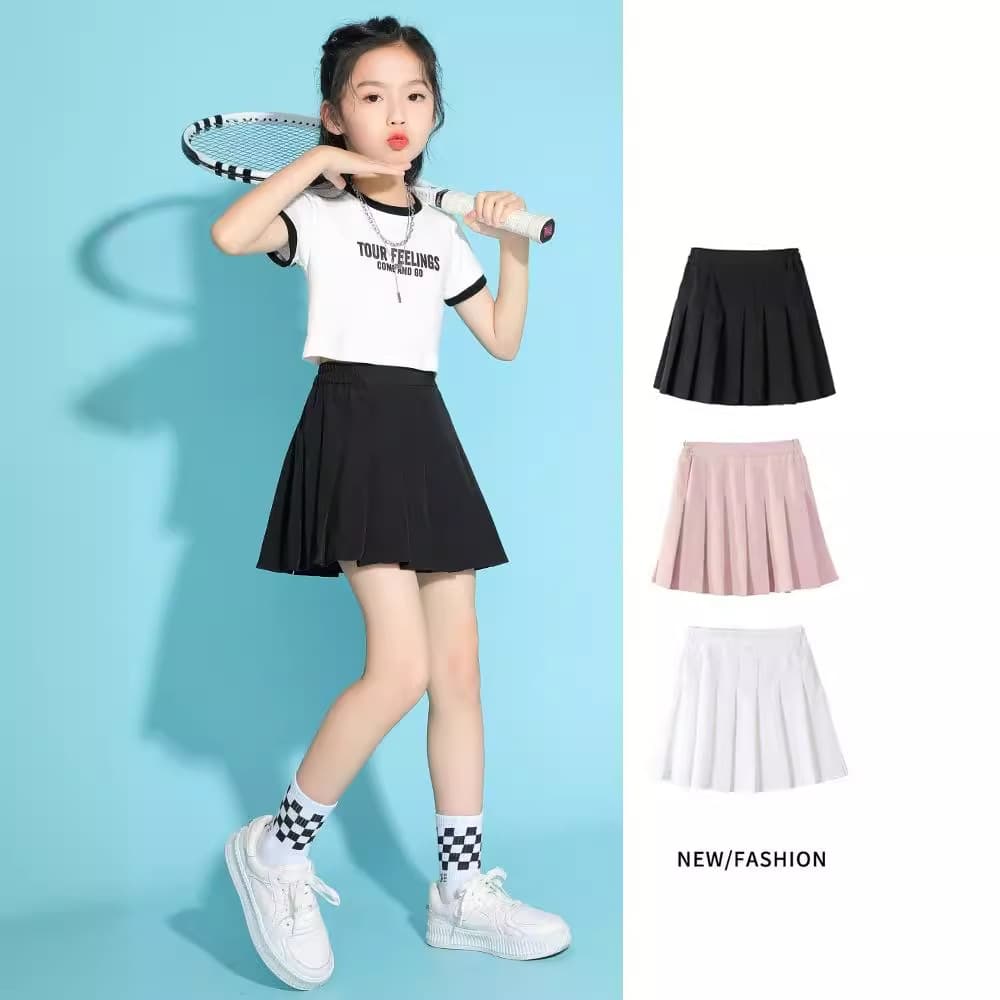 Girls' Tennis Skirt Summer 2024 Midi Children's Black Pleated Skirt Summer Outfit Girls' Sports Mini Skirt Thin Polyester Fiber
