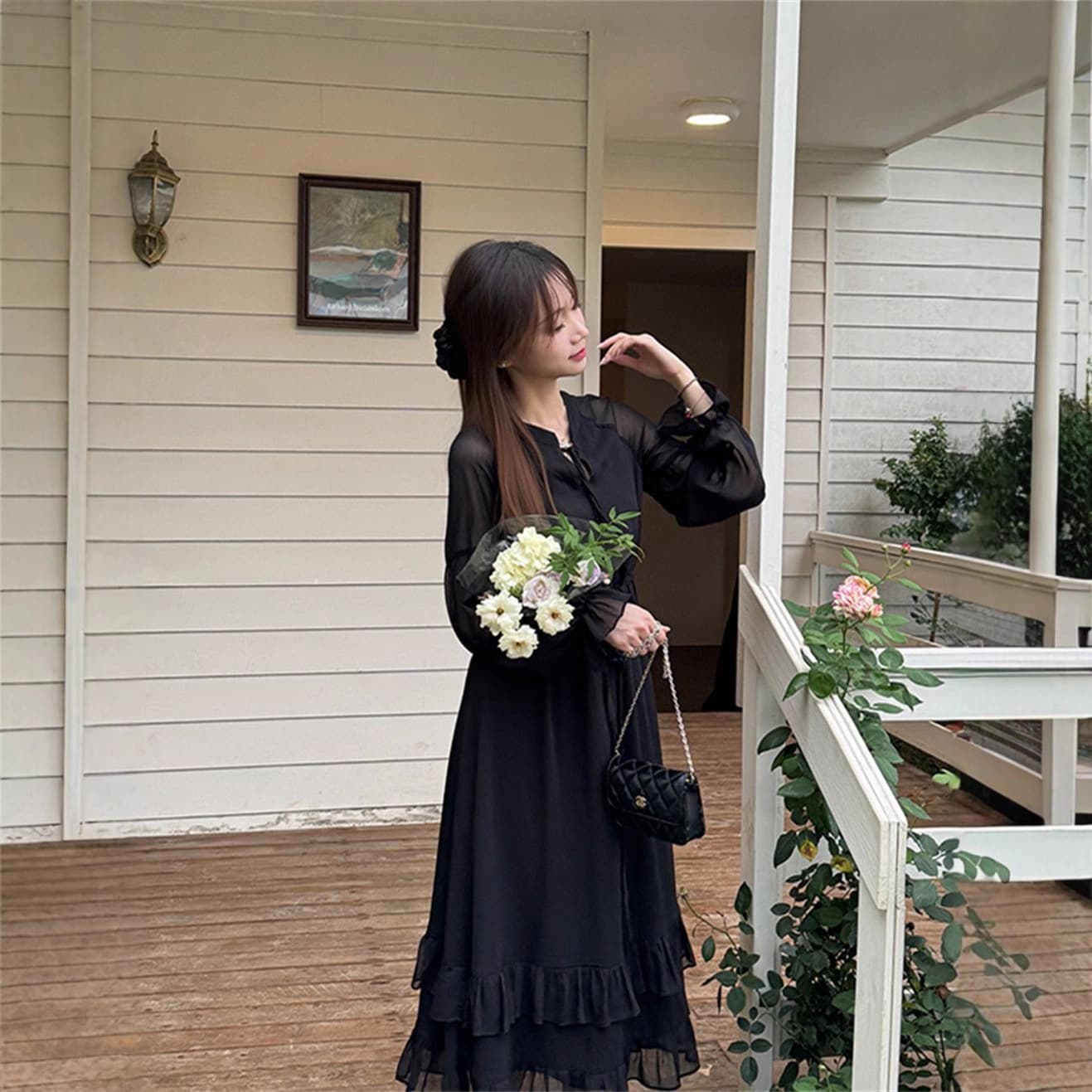 Forest-inspired Sweet Early Autumn Dress, Korean Style Elegant Waist-Slimming Long Dress with Lace Trim and Layered Cake Skirt