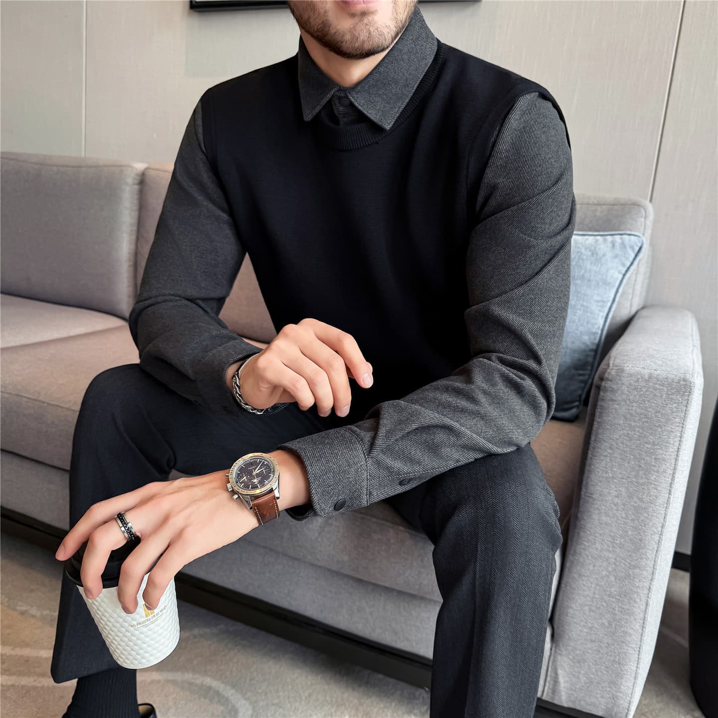 25-Year Autumn/Winter Style Thickened Wool Men's Two-Piece Knitted Sweater Long Sleeve Business Casual High-End Office Top