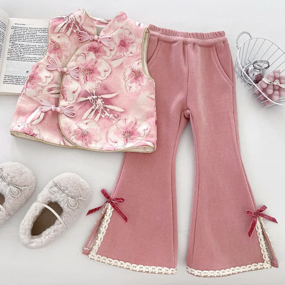 Girls' Chinese-Style Fleece-Lined Vest Set 2025 Winter New Arrival Chic New Chinese-Style Vest and Flared Pants Two-Piece Set