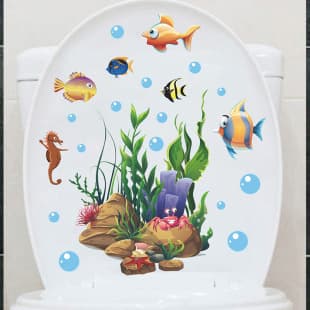 Cartoon Sea Creatures Toilet Sticker, Bathroom Home Decor Wall Decal, Self-Adhesive, Wholesale for Export
