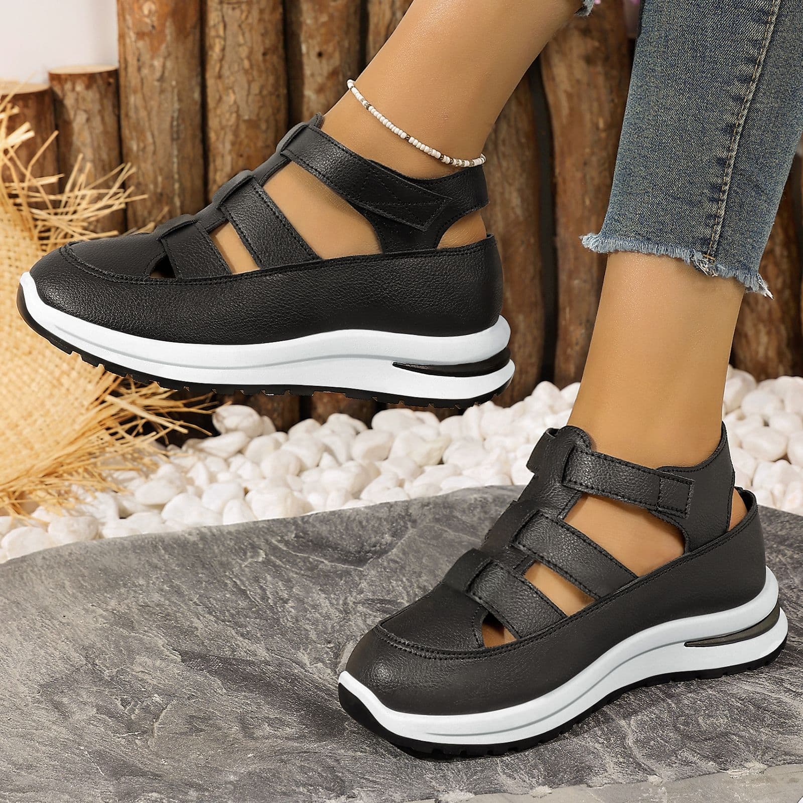 Women's Sandals Hollow Roman Style Leather Summer Breathable Shoes with Hidden Wedge Heel Casual Thick Sole Sandals