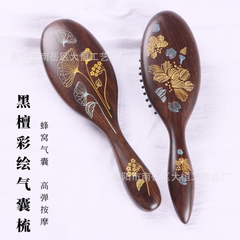 Manufacturer wholesale ebony air bag massage comb head air cushion curly hair comb wooden comb painted air bag comb leather gray wood