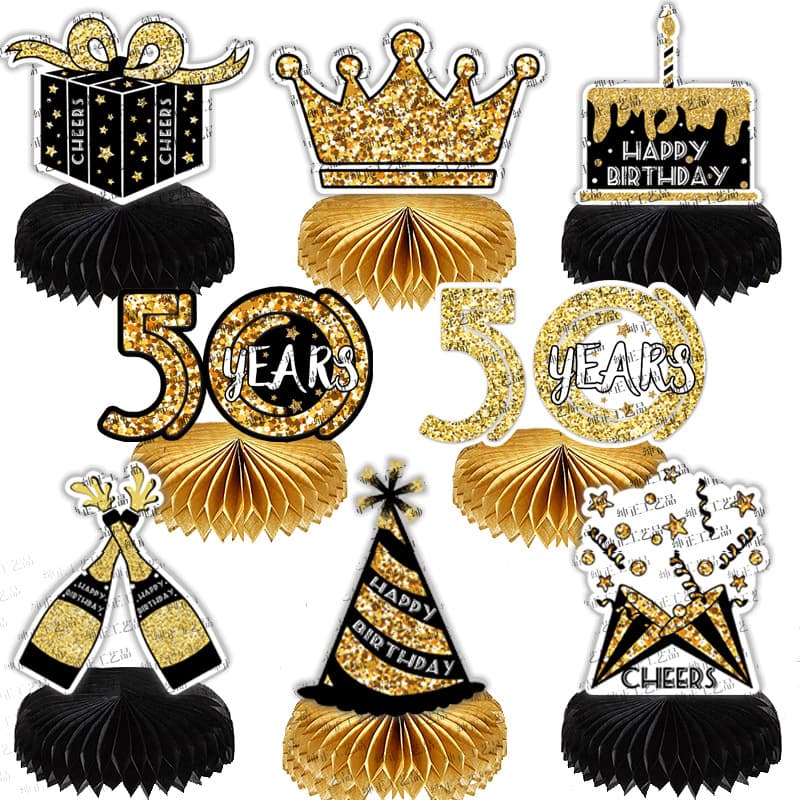 Black Gold Birthday Party Honeycomb Ball Decoration 50th Honeycomb Paper Fan Tabletop Ornament Age Honeycomb Centerpiece