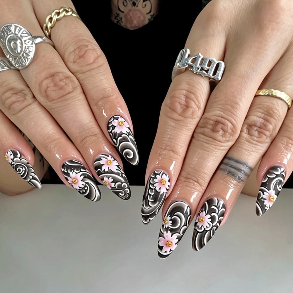 Black and white ink curl pattern pink cherry blossom wear nails almond long manicure dark hand-painted flowers removable fake nails