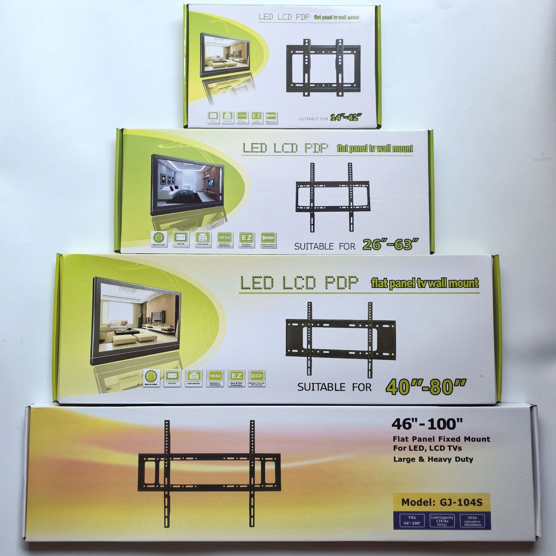 Wholesale universal LCD TV wall mount brackets for 14-120 inch models, all-in-one fixed wall-mounted TV stands.
