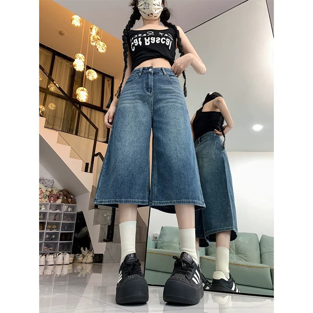 Korean Vintage Blue Versatile Jeans for Women 2026 Summer New High Waist Loose Fit Straight Leg Cropped Jeans