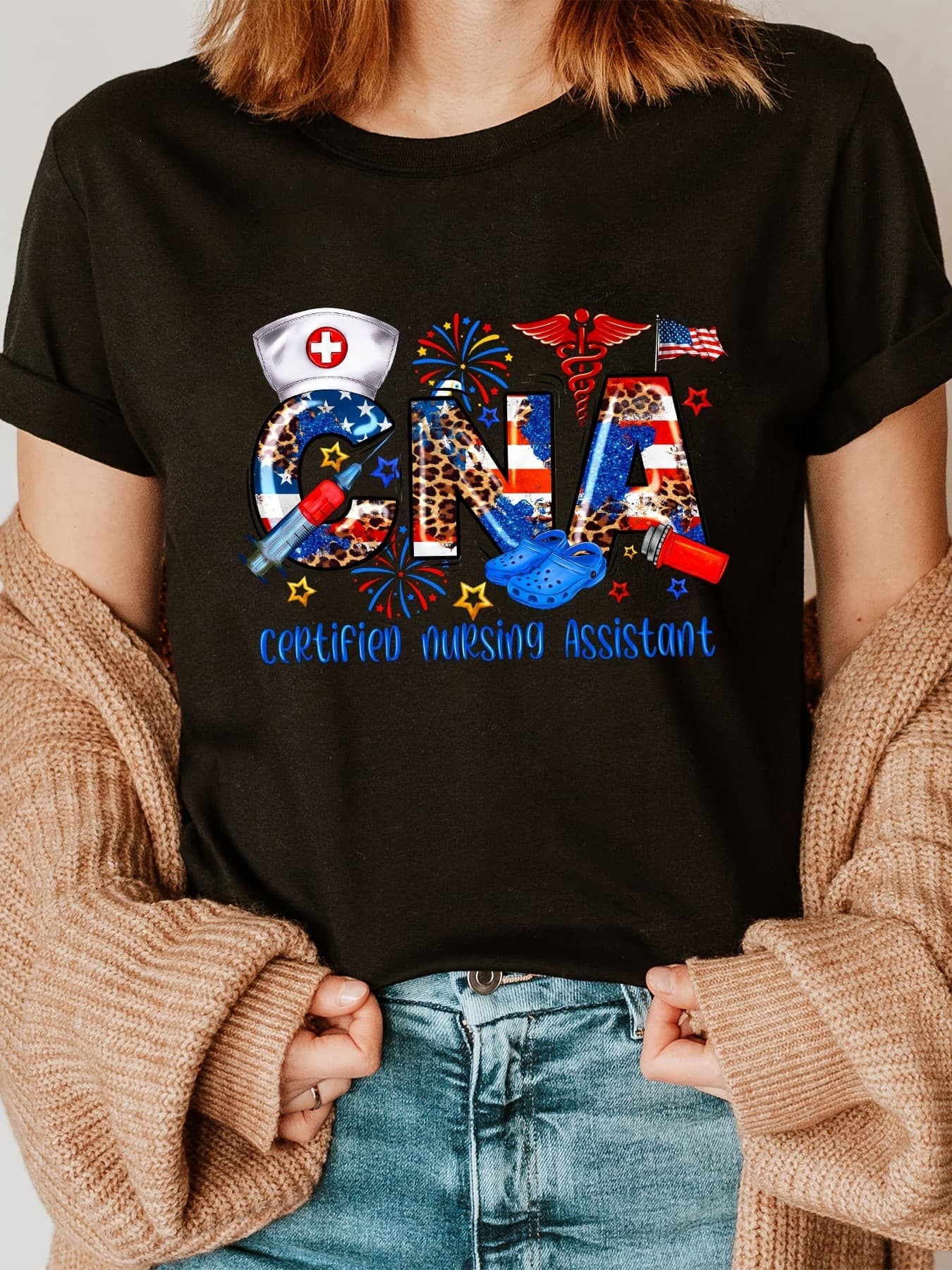 Women's CNA Certified Nursing Assistant T-Shirt - Short Sleeve Crew Top with CNA Lettering, Healthcare Worker Attire