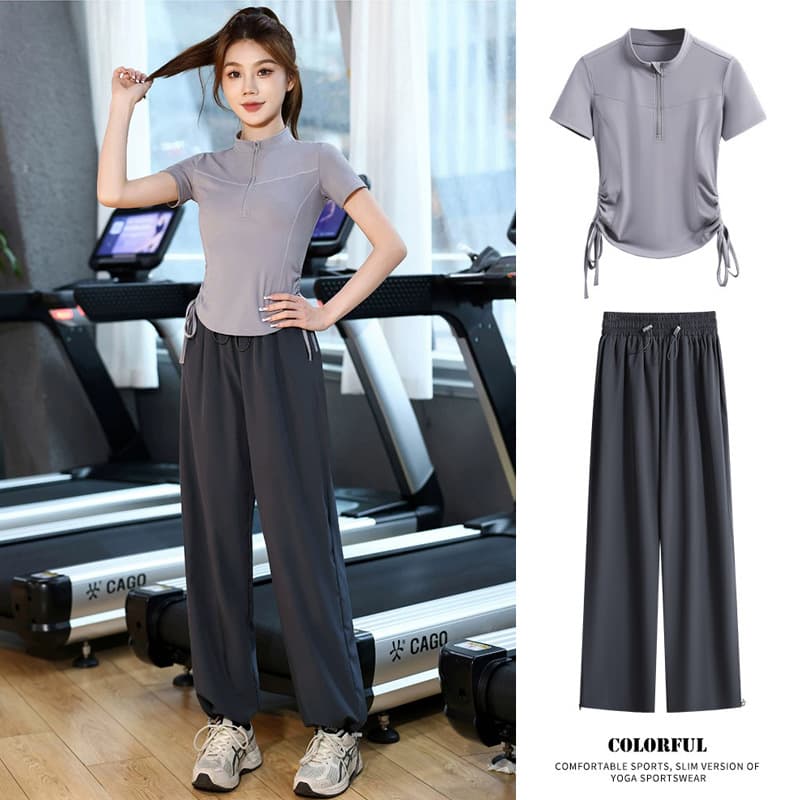 Summer Thin Breathable Sports Suit for Women, Half-Zip Fitted T-Shirt, Elastic Waist, Cuffed or Loose Leggings for Fitness
