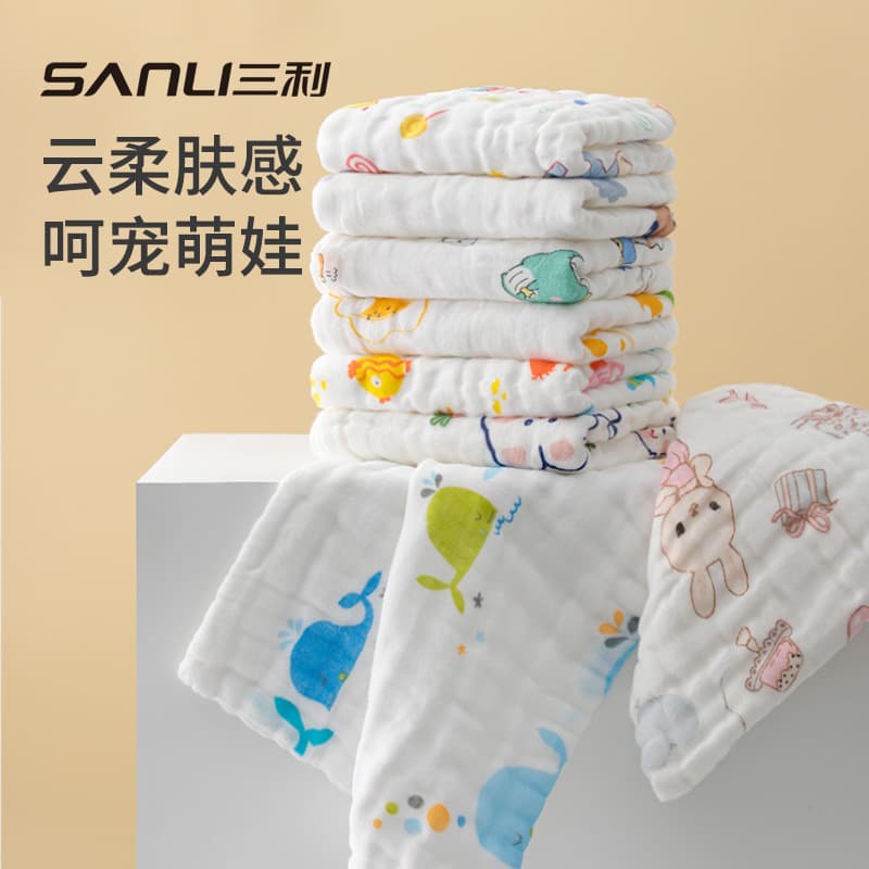 Sanli towel children's towel 6-layer high-density pure cotton gauze printed towel, baby newborn face washing towel