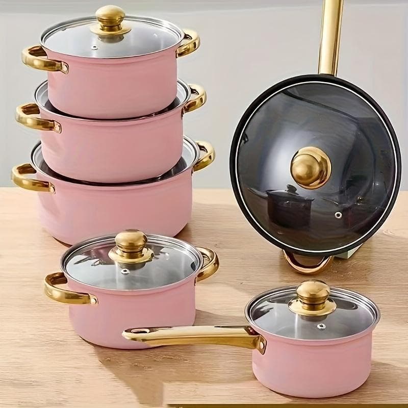 12-Piece Stainless Steel Cookware Set, Colorful Non-Stick Gold-Plated Handle, Export Cookware Set Pot
