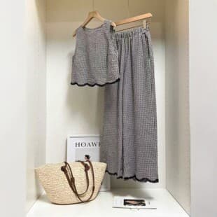 Cross-Border Plus Size Women's Clothing Plaid Sleeveless Top Elastic Waist Wide Leg Pants Women's European and American Casual Set Stock Wholesale