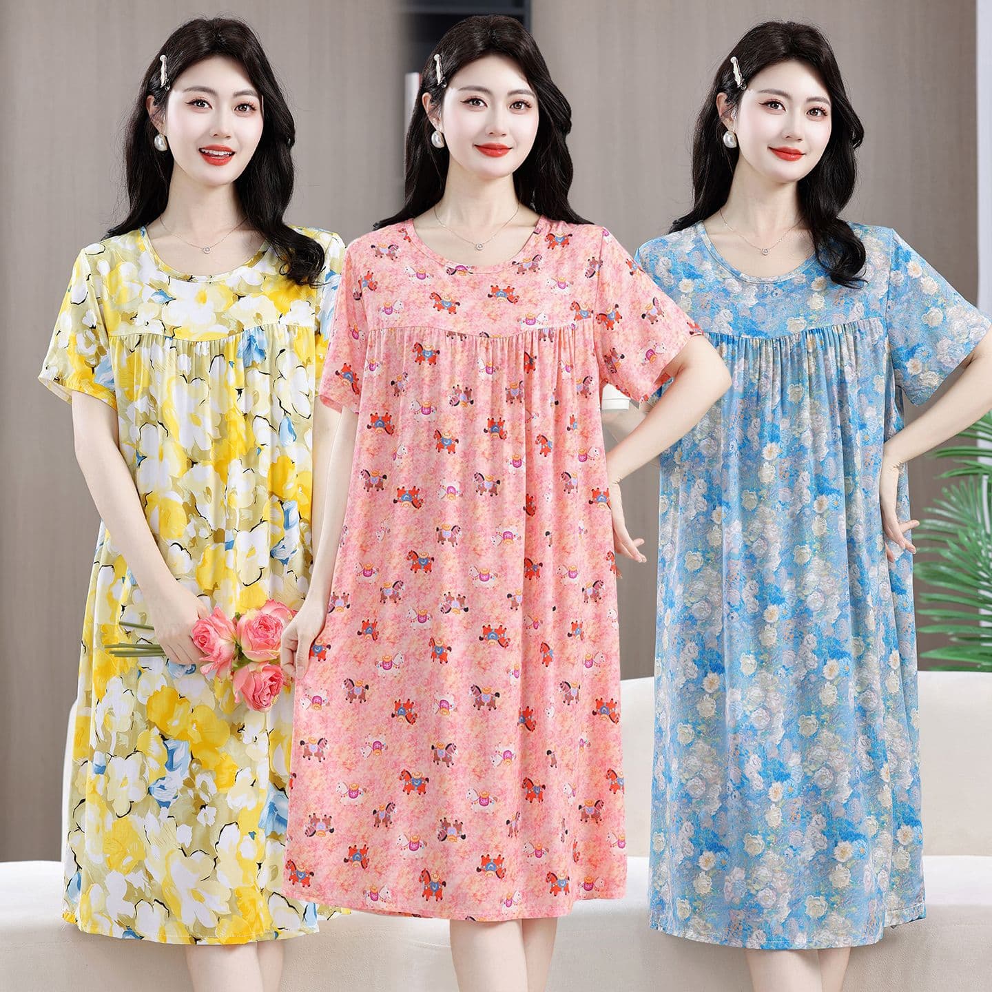 Women's Summer Cotton Short-Sleeve Nightgown, Thin, Loose, Plus Size, Casual Homewear for Mothers, Suitable for Outdoor Wear, Middle-Aged and Elderly