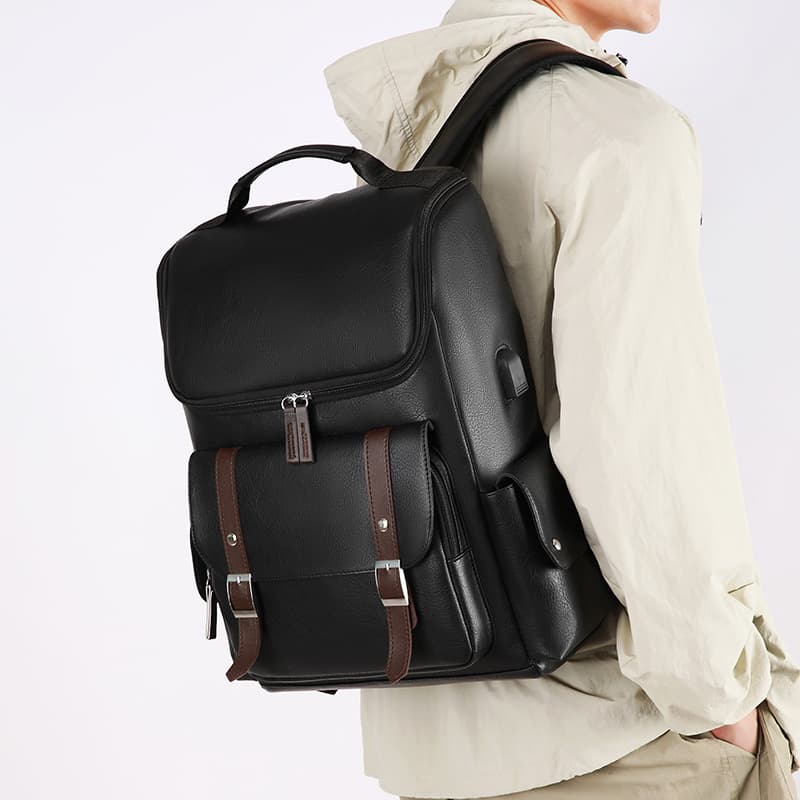 Men's New PU Leather Casual Backpack Multi-Pocket Large Capacity Travel Backpack Laptop Bag Promotional Offer