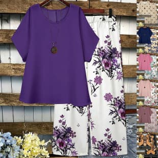 Cross-border Supply for Europe and America Plus Size Women's Two-Piece Set Loose Short Sleeve Top Floral Print Wide Leg Pants Casual Suit