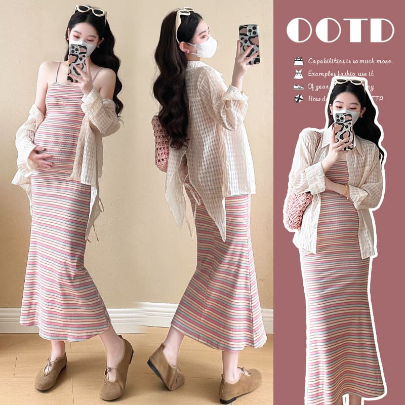 2025 Spring Rainbow Knit Halter Dress Long Maternity Dress Shirt Set