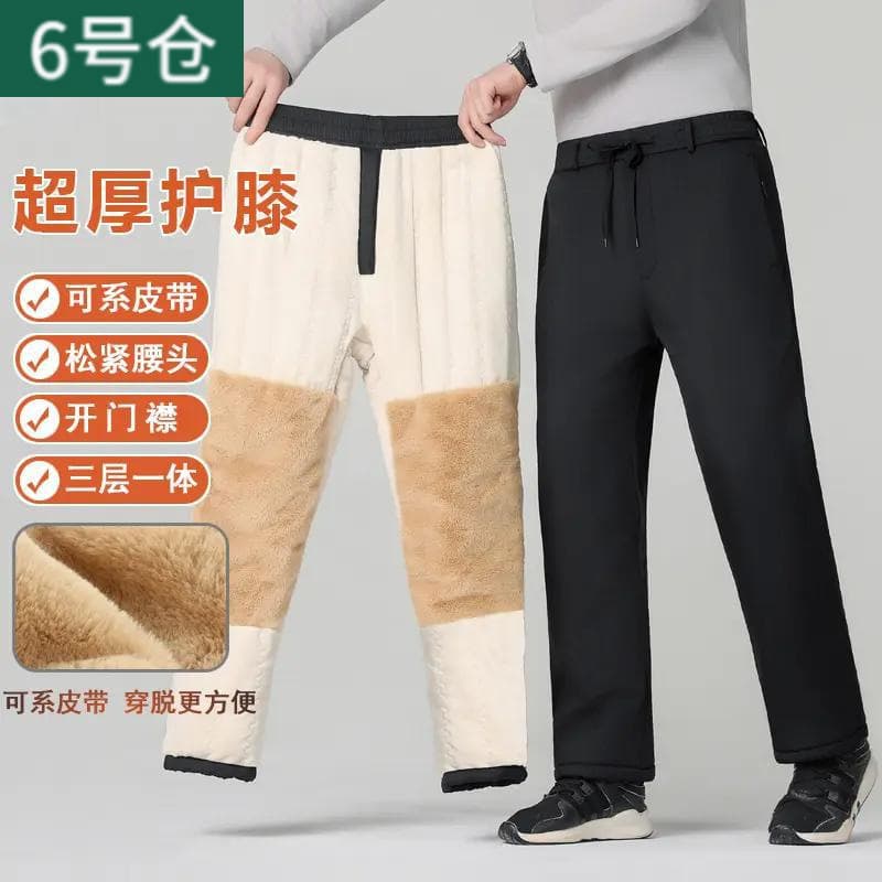 Winter Men's Outdoor Fleece-Lined Thickened Cotton Pants, Water-Resistant Casual Trousers with Knee Protection Warm Snow Pants