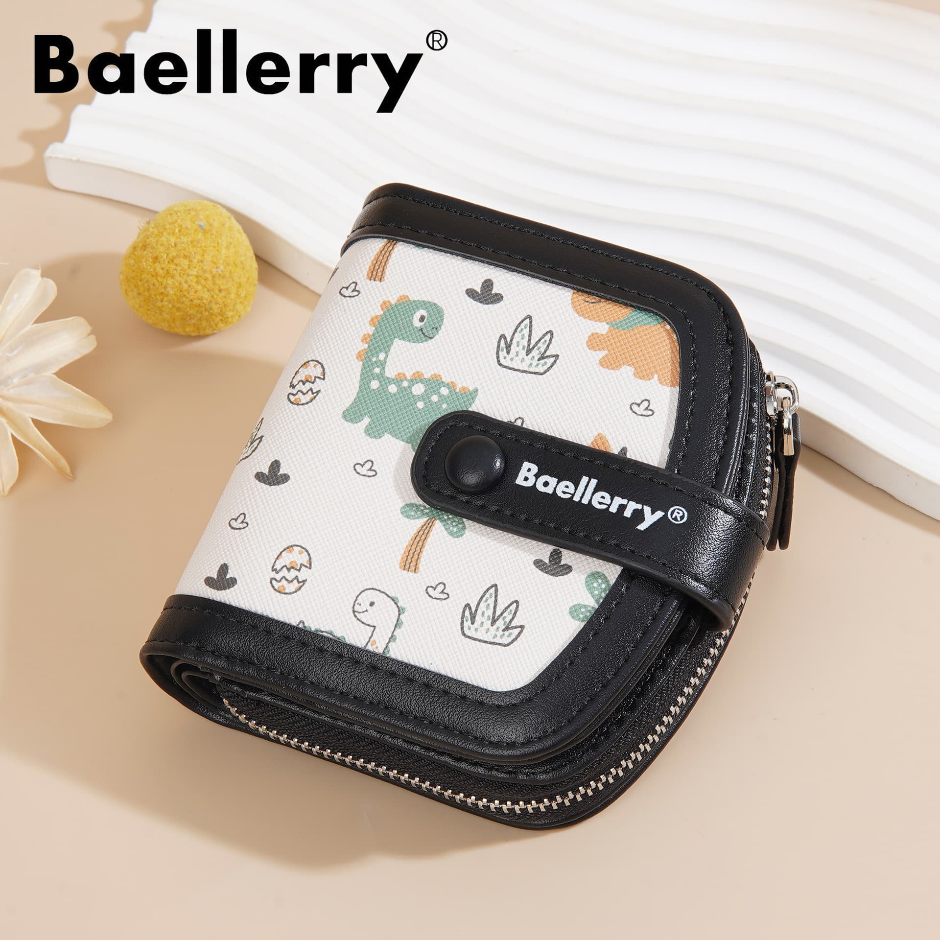 Baellerry Ladies Short Wallet Cute Dinosaur Cartoon Multi-Card Slot Zipper Coin Purse Card Holder Fashionable Everyday Use