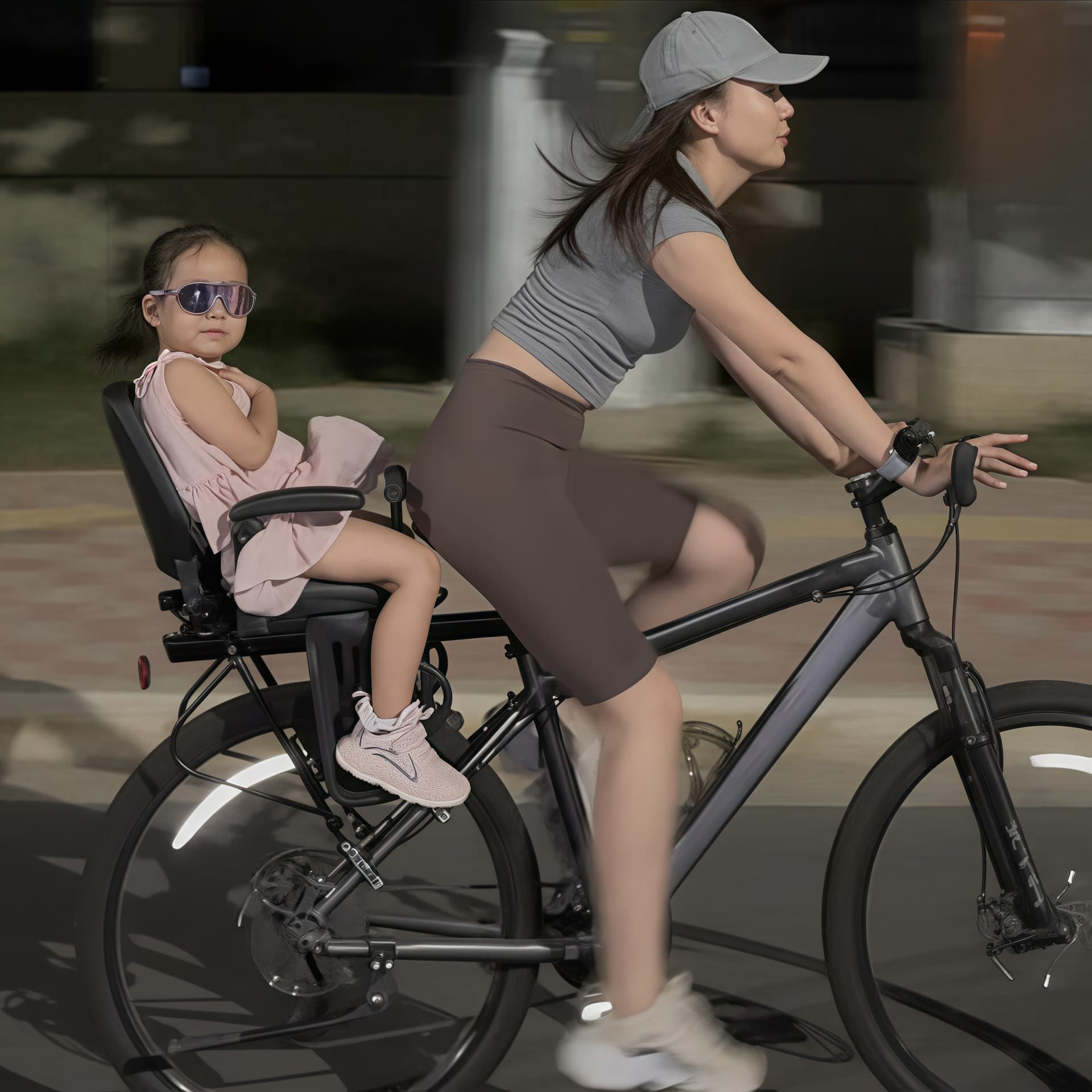 Rear-mounted child seat for bicycles, mountain bikes, and road bikes.