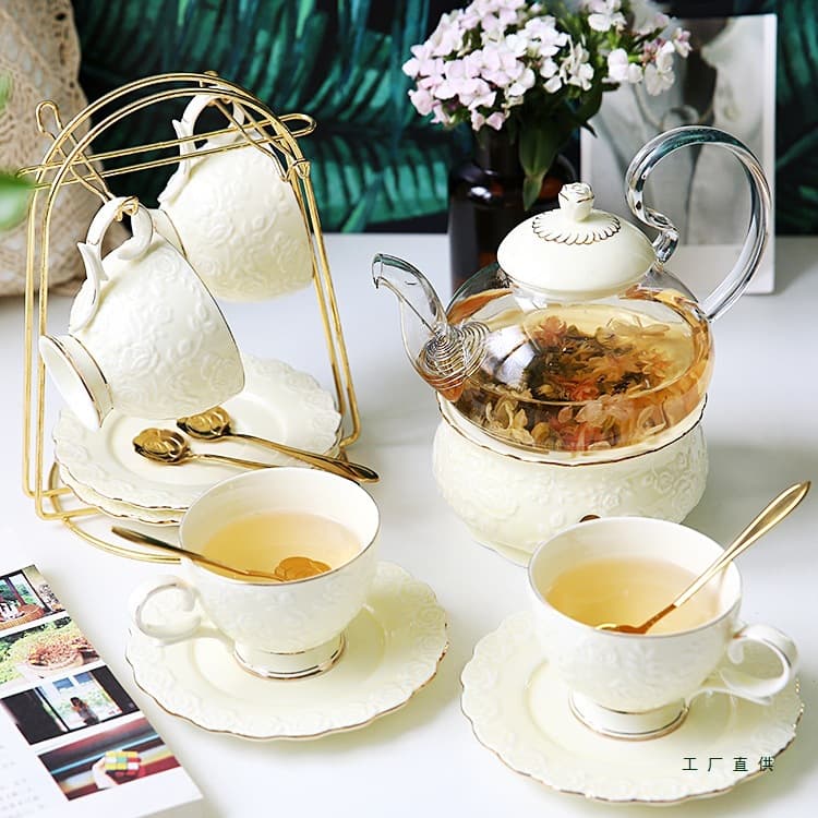 English afternoon tea set, European flower tea set with ceramic and glass brewing pots, candle-heated fruit teapot