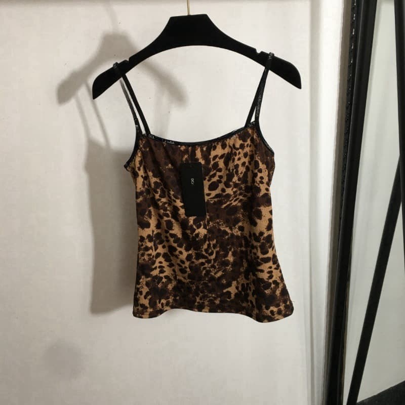 New Logo Letter Trimmed Leopard Print Slim Fit Pure Cotton Strap Vest Women's Fashion Tank Top Comfortable Breathable Cotton