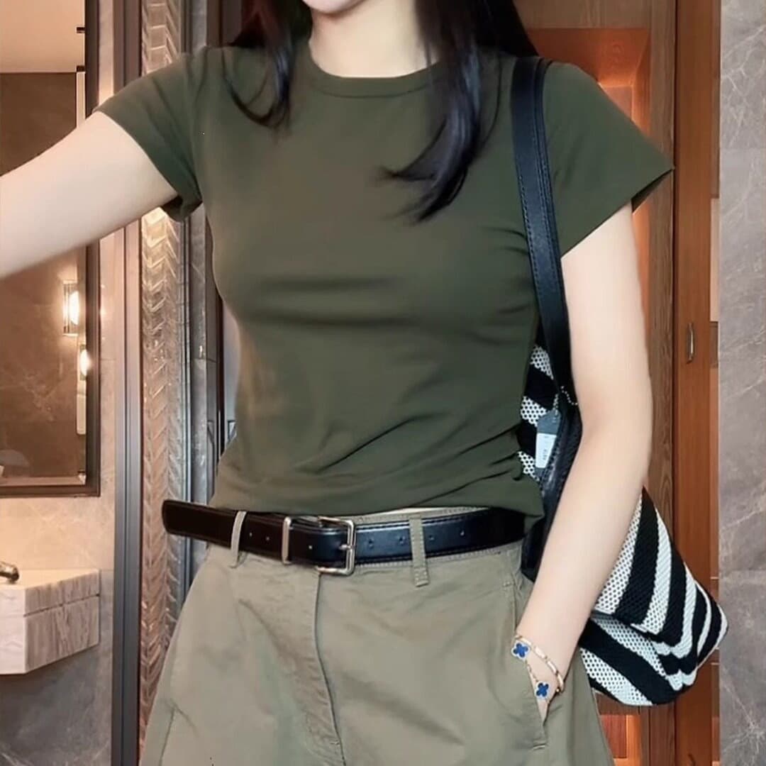Vintage Army Green Regular Shoulder Short Sleeve T-Shirt for Women Summer Round Neck 2026 New Korean Slim Fit Top