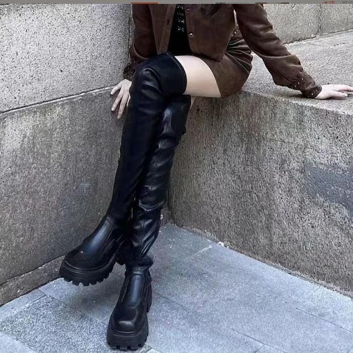 Fangtang Slim Boots Over-the-Knee Long Boots Women 2023 New Knight Boots Autumn Winter Boots High Tube Tall Boots Thick Sole Height Increase
