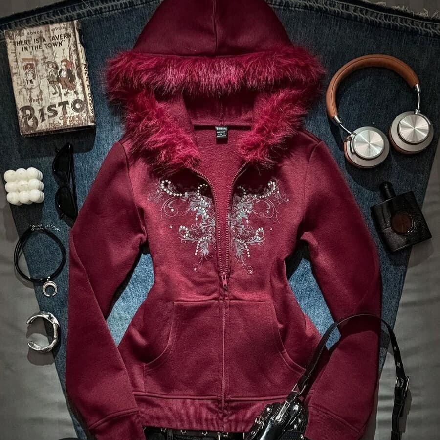 Y2K Vintage Long Faux Fur Collar Hooded Cardigan, Vine Floral Embroidery, Slim Fit, Open-Front, Trendy Slim Jacket
