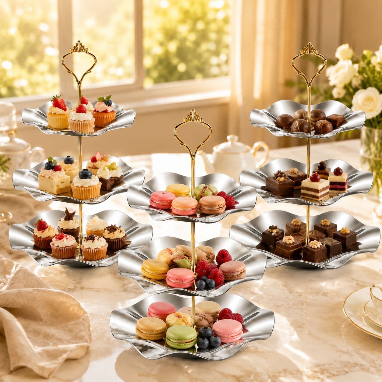 Stainless Steel 3-Tier Fruit Plate Home Living Room Snack Tray Creative Dried Fruit Plate Wedding Cake Stand with Rod Skewer