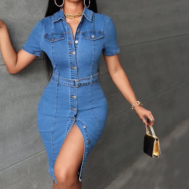 Export European and American Cross-border Denim Turn-down Collar Short Sleeve Dress, Waist Cinching Hip-hugging Slim Denim Dress for Women