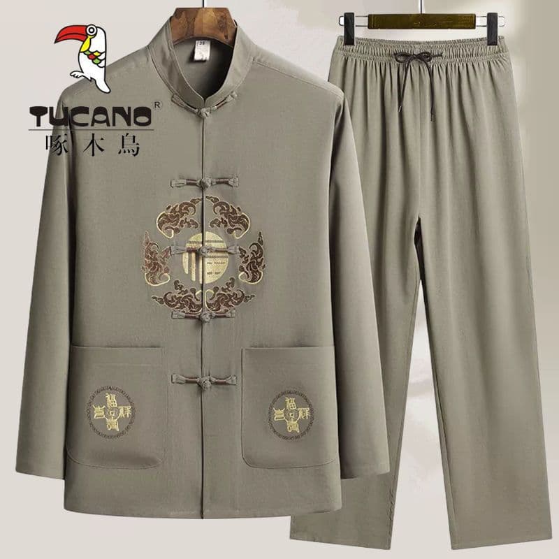 Woodpecker Spring Middle-Aged and Elderly Tang Suit Men's Grandpa Autumn Long Sleeve Elderly Clothing Chinese Style Set Dad Outfit