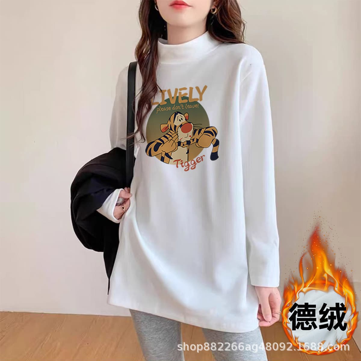 Double-sided Velvet Fleece High Collar Mid-Length Brushed Base Shirt Women Loose Fit Versatile Warm Top for Autumn Winter